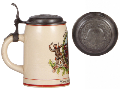 Third Reich stein, .5L, pottery, 6. [E.] Kp., I.R. 63, Ingolstadt, owner's name, correct new pewter lid with relief helmet with swastika, body mint. - 3