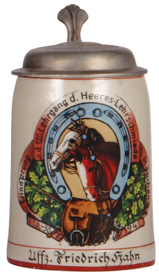 Third Reich stein, .5L, stoneware, a.d. 125. Lehrgang d. Heeres-Lehrschmiede, München, 1941, owner's name correct new pewter lid with relief helmet with swastika, body mint.
