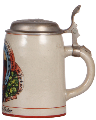 Third Reich stein, .5L, stoneware, a.d. 125. Lehrgang d. Heeres-Lehrschmiede, München, 1941, owner's name correct new pewter lid with relief helmet with swastika, body mint. - 2