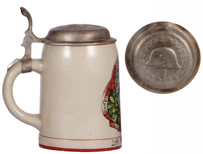Third Reich stein, .5L, stoneware, a.d. 125. Lehrgang d. Heeres-Lehrschmiede, München, 1941, owner's name correct new pewter lid with relief helmet with swastika, body mint. - 3