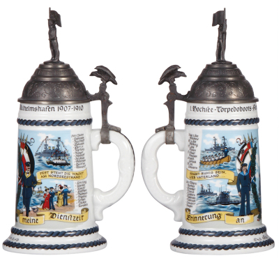 Three Regimental steins, .5L, 11.1'' ht., all porcelain, modern, two Navy, one Ulan, pewter lids all mint. - 2