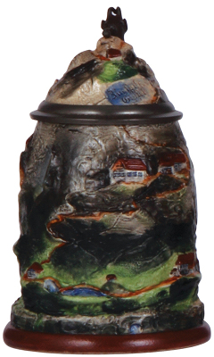 Character stein, .5L, stoneware, marked Martin Pauson, Zugspitze, missing pewter cross finial, body mint.