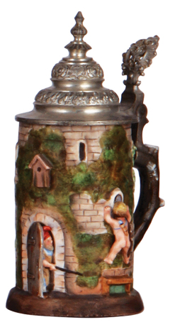 Character stein, .25L, porcelain, marked Martin Pauson, Tower, pewter lid is old replacement, otherwise mint.