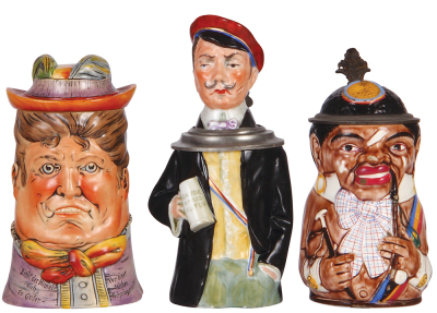 Three Character steins, .5L, pottery, by Eckhart & Engler, modern, Woman, mint; with, .5L, porcelain, marked #, mid 1900s, student, black jacket touched up; with, .5L, pottery, Majolica, Black student, several glaze chips on body.