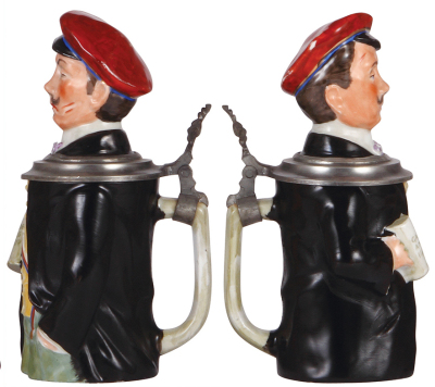 Three Character steins, .5L, pottery, by Eckhart & Engler, modern, Woman, mint; with, .5L, porcelain, marked #, mid 1900s, student, black jacket touched up; with, .5L, pottery, Majolica, Black student, several glaze chips on body. - 3