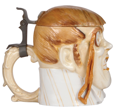 Character stein, .5L, porcelain, marked Musterschutz, by Schierholz, Teacher, lid & hairline repaired, interior is yellowing. - 3