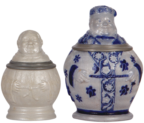 Two Character steins, .25L, stoneware, 194, Monk, mint; with, .5L, stoneware, 722, by Marzi & Remy, Rich Man, mint.