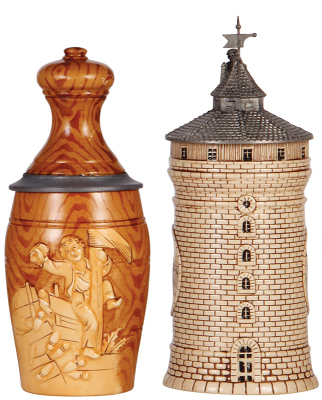 Two Character steins, .5L, pottery, marked 1134 by Reinhold Hanke, mint; with, .5L, pottery, marked L. Ostermayr. Nürnberg Tower, mint.