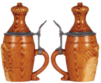 Two Character steins, .5L, pottery, marked 1134 by Reinhold Hanke, mint; with, .5L, pottery, marked L. Ostermayr. Nürnberg Tower, mint. - 2