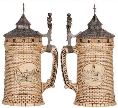 Two Character steins, .5L, pottery, marked 1134 by Reinhold Hanke, mint; with, .5L, pottery, marked L. Ostermayr. Nürnberg Tower, mint. - 3