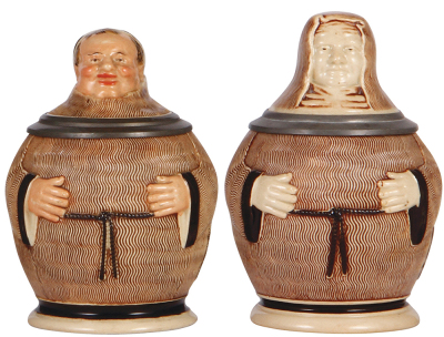 Two Character steins, .5L, pottery, Monk, owner I.D. on base, faint .5'' hairline; with, .5L pottery, 8671, Nun, mint.