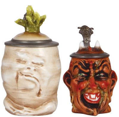 Two Character steins, .5L, porcelain, marked Musterschutz, by Schierholz, Sad Radish, small flake on finial; with, .25L, by E. Bohne & Söhne, Devil, severe body breaks glued.