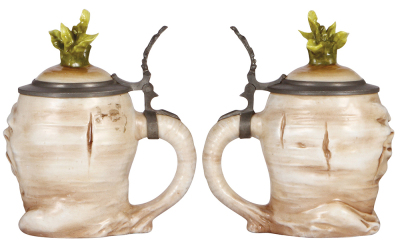 Two Character steins, .5L, porcelain, marked Musterschutz, by Schierholz, Sad Radish, small flake on finial; with, .25L, by E. Bohne & Söhne, Devil, severe body breaks glued. - 2