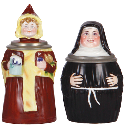 Two Character steins, .5L, porcelain, Munich Child, mint; with, .5L, porcelain, Nun, lithophane, mint.