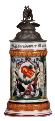 Regimental stein, .5L, 10.4" ht., porcelain, 3. Battr. Feld Artl. Regt. Nr. 15, Strassburg, 1898 - 1900, two side scenes, roster, eagle thumblift, named to: Kanon. Wendel, a little wear to red base band. 