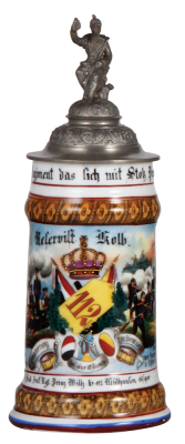 Regimental stein, .5L, 10.7'' ht., porcelain, 10. Comp., Inft. Regt. Nr. 112, Mülhausen, 1898 - 1900, two side scenes, roster, lion thumblift, named to: Reservist Kolb, mint.