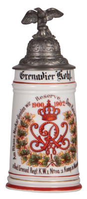 Regimental stein, .5L, 9.1'' ht., porcelain, 3. Komp., Inft. Regt. Nr. 110, Mannheim, 1900 - 1902, no side scenes, roster, S11 thumblift, named to: Grenadier Kohl, mint.