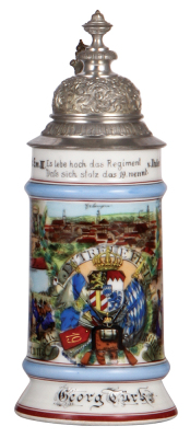 Regimental stein, .5L, 9.8" ht., porcelain, 5. Komp., bayr. Inft. Regt. Nr. 19, Erlangen, 1900 - 1902, four side scenes, roster, lion thumblift, named to: Georg Türk, flakes on interior base edge. 