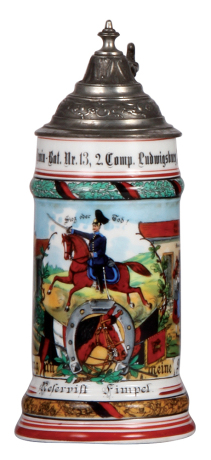 Regimental stein, .5L, 9.8" ht., porcelain, 2. Comp., Train Bat. Nr. 13, Ludwigsburg, 1906 - 1907, two side scenes, roster, named to: Reservist Fimpel, incorrect and damaged lid poorly attached, body mint. 