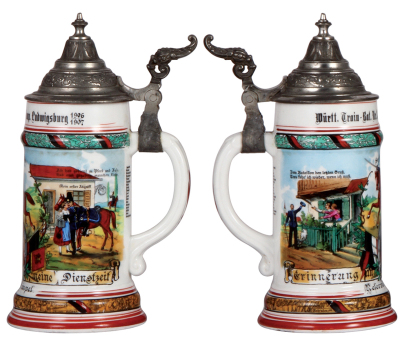 Regimental stein, .5L, 9.8" ht., porcelain, 2. Comp., Train Bat. Nr. 13, Ludwigsburg, 1906 - 1907, two side scenes, roster, named to: Reservist Fimpel, incorrect and damaged lid poorly attached, body mint.  - 2