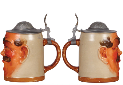 Two Character steins, .5L, pottery, 1426, by, Reinhold Hanke, Man, pewter lid is dented & torn; with, 1423, Skull, by Reinhold Hanke, pewter lid has dent & tear repaired. - 2
