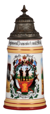 Regimental stein, .5L, 9.3" ht., porcelain, 7. Comp., Inft. Regt. Nr. 125, Stuttgart, 1896 - 1898, two side scenes, Württemberg thumblift, named to: Gefr. Neef, 2" hairline on body by lower handle attachment. 