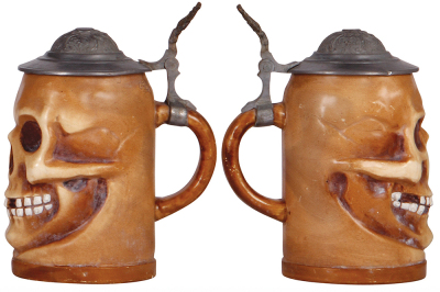 Two Character steins, .5L, pottery, 1426, by, Reinhold Hanke, Man, pewter lid is dented & torn; with, 1423, Skull, by Reinhold Hanke, pewter lid has dent & tear repaired. - 3