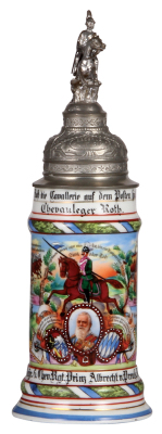 Regimental stein, .5L, 12.6" ht., porcelain, 5. Eskr., bayr. 6. Cheval. Regt., Bayreuth, 1909 - 1912, four side scenes, roster, lion thumblift, named to: Chevauleger Roth. pewter tear at rear of lid repaired, finial attachment repaired, body mint.