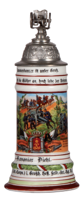 Regimental stein, .5L, 11.8" ht., porcelain, 2. Battr., Feld Artl. Regt. Nr. 25, Darmstadt, not dated, two side scenes, roster, lion thumblift, named to: Kanonier Diehl, small scratches. 