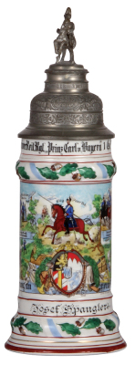 Regimental stein, .5L, 12.2" ht., porcelain, 1. Esk., bayr. 1. Schwere Reiter Regt., München, 1913 - 1918, four side scenes, lion thumblift, named to: Josef Spangler, Zur Erinnerung a.d. Weltkrieg 1914 - 1918, lithophane crack, small base edge chip. 