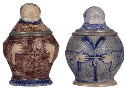 Two Character steins, .5L, stoneware, blue & purple, saltglaze, Monk & Monk, both mint.