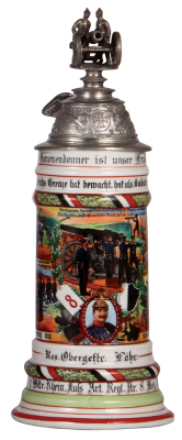 Regimental stein, .5L, 12.0" ht., porcelain, 1. Battr., Fuss Artl. Regt. Nr. 8, Metz 1907 - 1909, four side scenes, eagle thumblift, named to: Res. Obergeftr. Föhr, rough pewter rim with two small tears, body mint. 