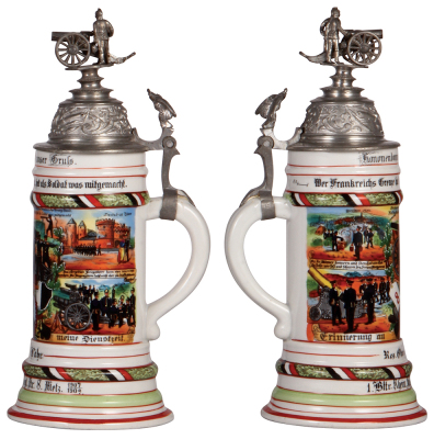 Regimental stein, .5L, 12.0" ht., porcelain, 1. Battr., Fuss Artl. Regt. Nr. 8, Metz 1907 - 1909, four side scenes, eagle thumblift, named to: Res. Obergeftr. Föhr, rough pewter rim with two small tears, body mint.  - 2