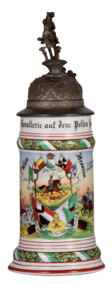 Regimental stein, .5L, 11.8" ht., porcelain, 1. Esk., Ulanen Regt. Nr. 17, Oschatz, 1905 - 1908, two side scenes, roster, Saxon thumblift, named to: Ulan Brosius, pewter strap repaired poorly, lithophane lines. 