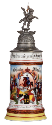 Regimental stein, .5L, 11.6" ht., porcelain, 3. Eskr., Drag. Regt. Nr. 22, Mühlhausen, 1900 - 1903, two side scenes, roster, griffin thumblift, named to: Gefreiter Allgaier, pewter tear at rear of lid, loose strap, body mint. 