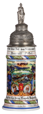 Regimental stein, .5L, 12.2" ht., porcelain, 6. Comp., bayr. Inft Regt. Nr. 7, Bayreuth, 1908 - 1910, four side scenes, roster, lion thumblift, named to: Reservist Dötterl, small pewter tear and pewter lid is bent, body mint.