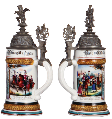 Regimental stein, .5L, 11.6" ht., porcelain, 3. Esk., bayr. Ulan Regt. Nr. 2, Ansbach, 1897 - 1899, two side scenes, roster, lion thumblift, named to: Gefreit. Pemert, mint.  - 2