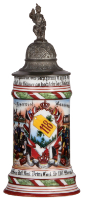 Regimental stein, .5L, 10.8" ht., porcelain, 5. Comp., Inft. Regt. Nr. 118, Worms, 1902 - 1904, two side scenes, roster, lion thumblift, named to: Reservist Baussmann, short lithophane lines, otherwise mint. 