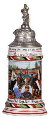 Regimental stein, .5L, 11.0" ht., porcelain, 2. Comp., Inft. Regt. Nr. 81, Frankfurt a./M., 1907 - 1909, four side scenes, roster, eagle thumblift, named to: Reservist Müller, faint lithophane lines, part of roster faded. 