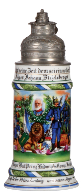 Regimental stein, .5L, 10.5" ht., porcelain, 4. Comp., bayr. 1. Jäger Bat., Freising, 1909 - 1911, two side scenes, roster, St. Hubert thumblift, named to: Jäger Johann Zietelsberger, poorly repaired pewter tear at rear of lid, body mint. 