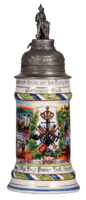 Regimental stein, .5L, porcelain, 4. Comp., bayr. Pionier Nr. 2, Speyer, 1909 - 1911, two side scenes, roster, anchor thumblift, named to Gefreiter Dech, slight word wear, missing a stanhope.