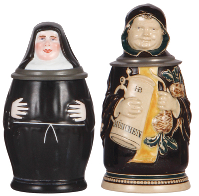 Two Character steins, .5L, porcelain, Nun, lithophane, hairline on lid; with, .5L, pottery, marked, J. Reinemann München, Munich Child, large base chip, small lid chip.
