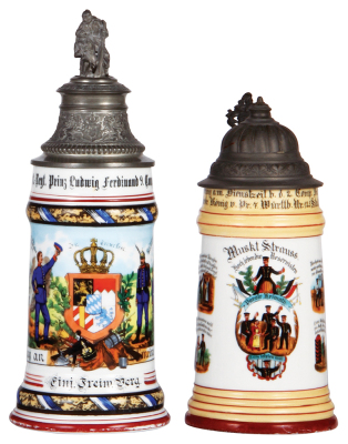 Two Regimental steins, .5L, 10.9" ht., porcelain, 9. Comp., bayr. Inft. Regt. Nr. 18, Landau, 1901 - 1902, two side scenes, roster, lion thumblift, named to: Einj. Freiw. Berg, 1" line at top rim, some wear to base band; with, .5L, 8.8" ht., porcelain, 2.