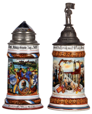 Two Regimental steins, .5L, 9.1" ht., porcelain, 2. Comp., Kgl. bayr. Inft. Regt. Nr. 15, Neuburg, 1906 - 1908, four side scenes, lion thumblift, named to: Unteroffz. Max Häckl, flake on prism, a little base wear; with, .5L, 11.4" ht., porcelain, 10. Comp