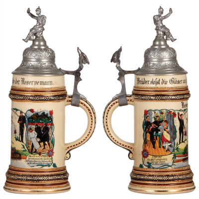 Two Regimental steins, .5L, 11.6" ht., pottery, Inft. Regt. Nr. 28, Ehrenbreitstein, not issued, two side scenes, eagle thumblift, not named, pewter tear repaired; with, .5L, 10.1" ht., stoneware, 10. Comp., bayr. Inf. Regt. No. 3, Augsburg, 1908 - 1910, - 2