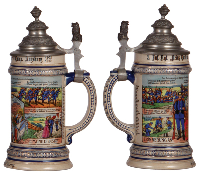 Two Regimental steins, .5L, 11.6" ht., pottery, Inft. Regt. Nr. 28, Ehrenbreitstein, not issued, two side scenes, eagle thumblift, not named, pewter tear repaired; with, .5L, 10.1" ht., stoneware, 10. Comp., bayr. Inf. Regt. No. 3, Augsburg, 1908 - 1910, - 3