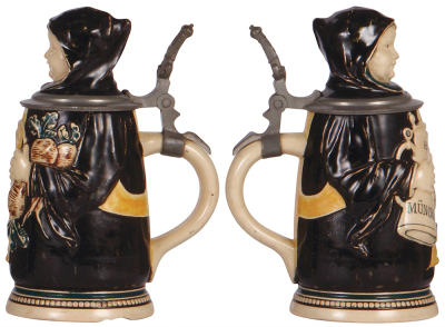 Two Character steins, .5L, porcelain, Nun, lithophane, hairline on lid; with, .5L, pottery, marked, J. Reinemann München, Munich Child, large base chip, small lid chip. - 3