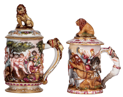 Two porcelain steins, .3L, 8.0" ht., hand-painted & relief, marked N with crown, Capo-di-Monte, set-on lid, mint; with, .3L, 6.9" ht., marked N with crown, Capo-di-Monte, set-on lid, mint.