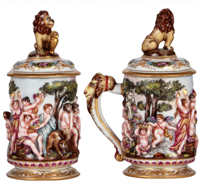 Two porcelain steins, .3L, 8.0" ht., hand-painted & relief, marked N with crown, Capo-di-Monte, set-on lid, mint; with, .3L, 6.9" ht., marked N with crown, Capo-di-Monte, set-on lid, mint. - 2