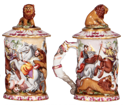 Two porcelain steins, .3L, 8.0" ht., hand-painted & relief, marked N with crown, Capo-di-Monte, set-on lid, mint; with, .3L, 6.9" ht., marked N with crown, Capo-di-Monte, set-on lid, mint. - 3